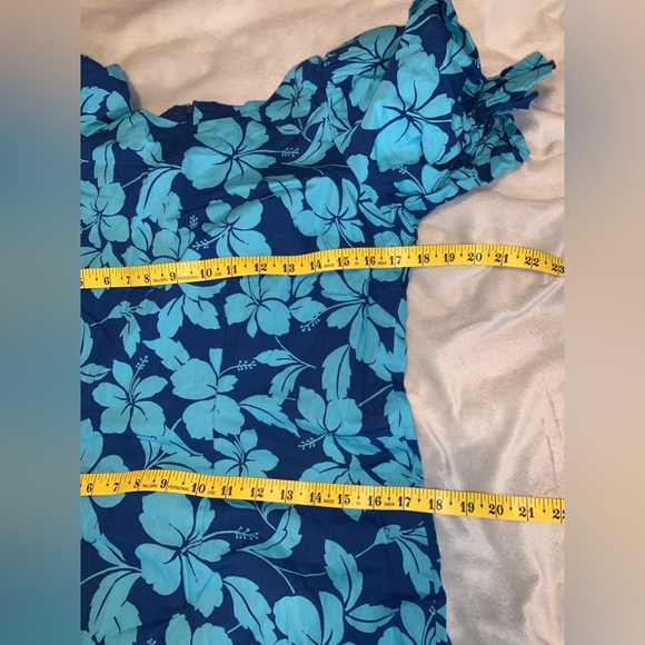 Handmade hibiscus Floral Blue Dress short puff sleeve mermaid square neckline S - Picture 7 of 7